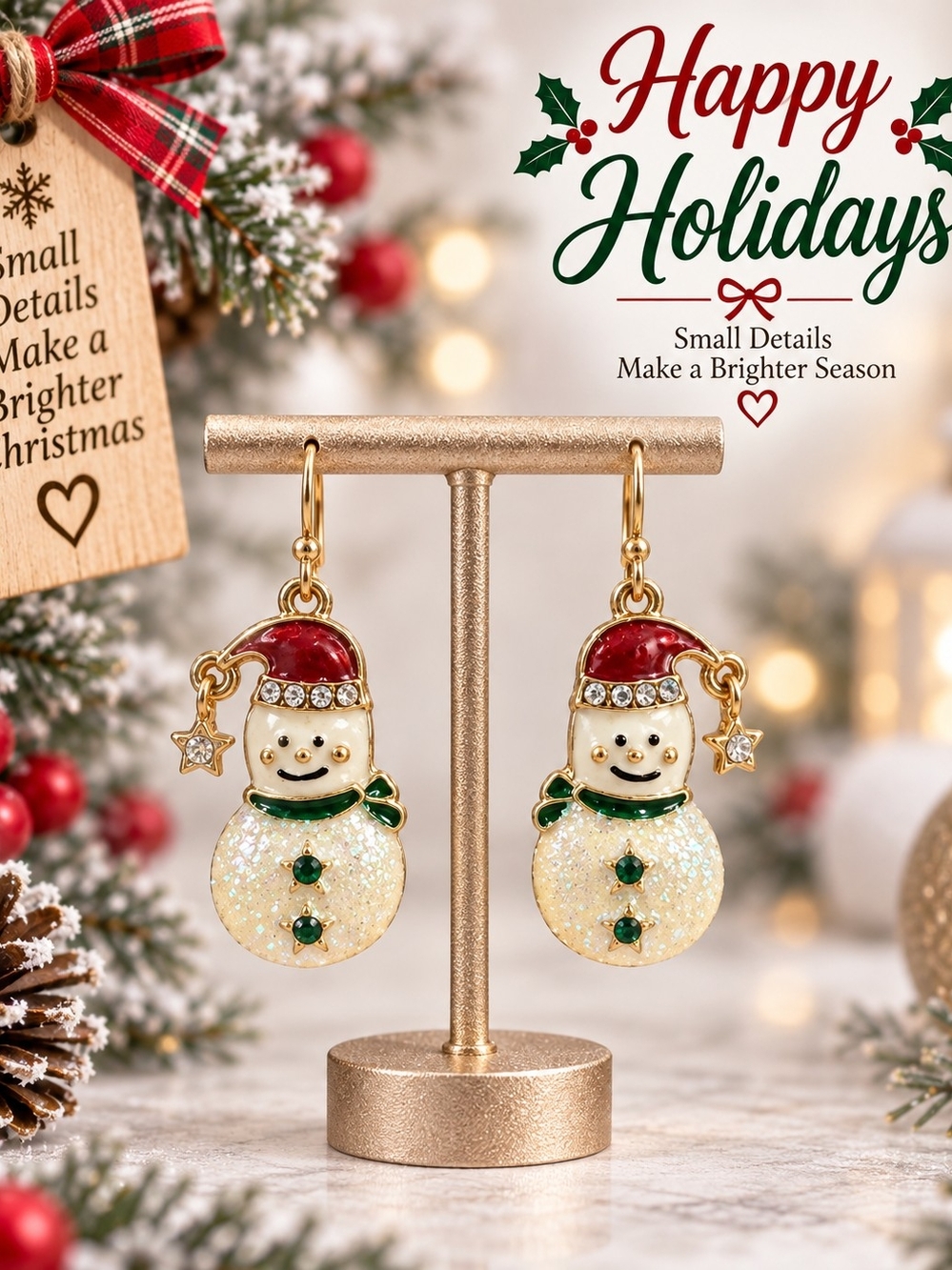 Holiday Snowman Drop Earrings — Gold Tone with Red & Green Accents